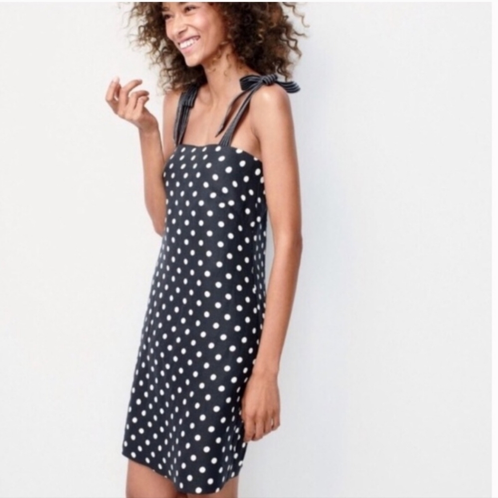 J Crew Tie Strap Linen Polca Dot Dress